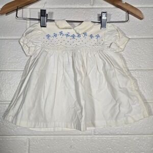 Vtg Smocked Baby Dress White Blue Floral Embroidery Eyelet Lace 3-6M Easter